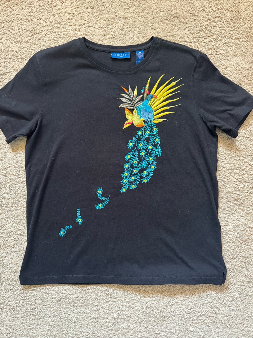 Vintage Karen Scott sport Embellished Sequin peacock shirt Shoulder pads Small
